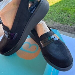 Bzees Black Suede Loafers with Patent Accent